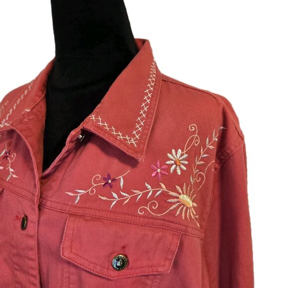 Casey & Max Coral Denim Jean Jacket Size XL Boho Chic Western Embroidered Flower - Picture 1 of 8